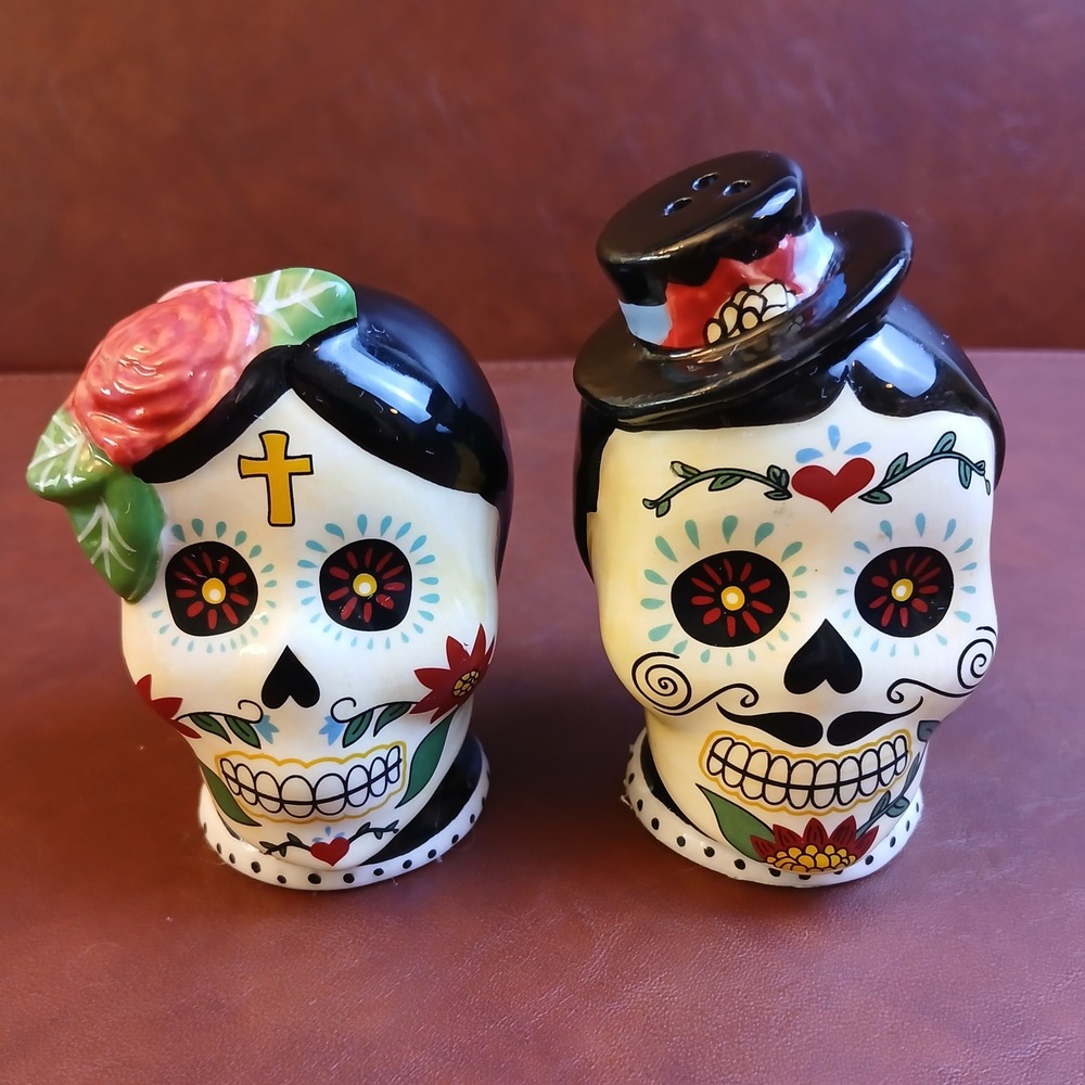 Blue Sky Day of the Dead Sugar Skull Bride & Groom Salt and Pepper Shaker Set